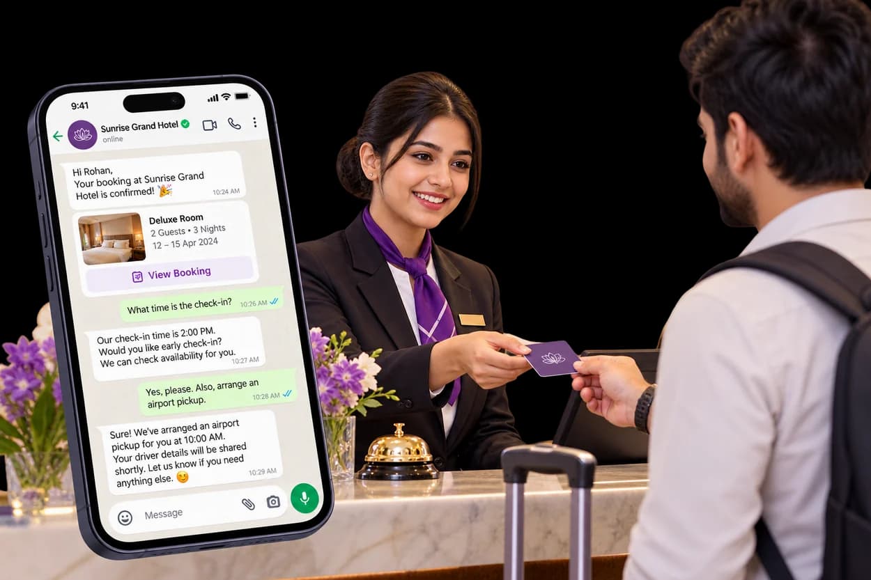 A hotel receptionist handing a key card to an arriving guest, beside a WhatsApp thread confirming a deluxe room booking and arranging an airport pickup.