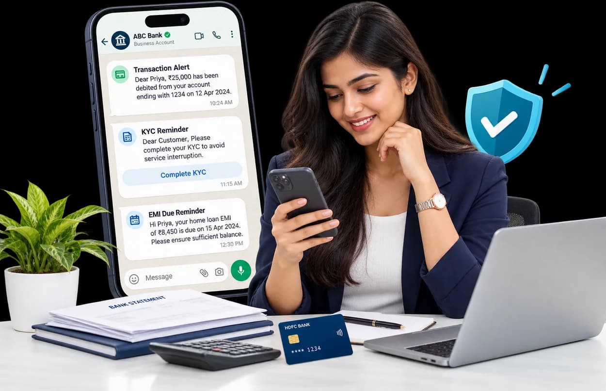 A customer reading WhatsApp messages from her bank: a transaction alert for a debited amount, a KYC reminder with a Complete KYC button, and a home loan EMI due reminder.
